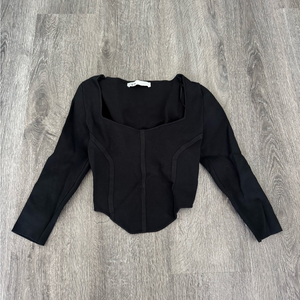 Zara Black Structured Long Sleeve Corset-Style Top